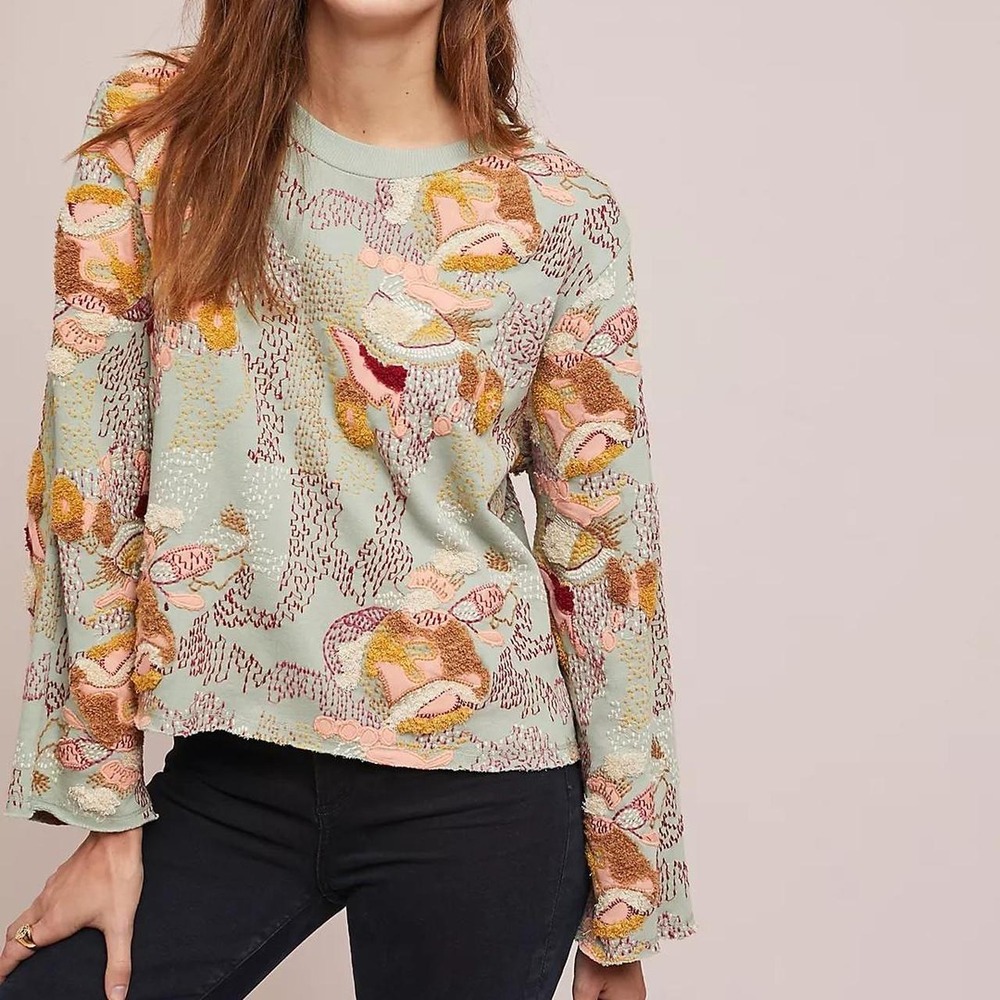 STUNNING Embroidered Sage Green Anthropologie "Lissie" Pullover